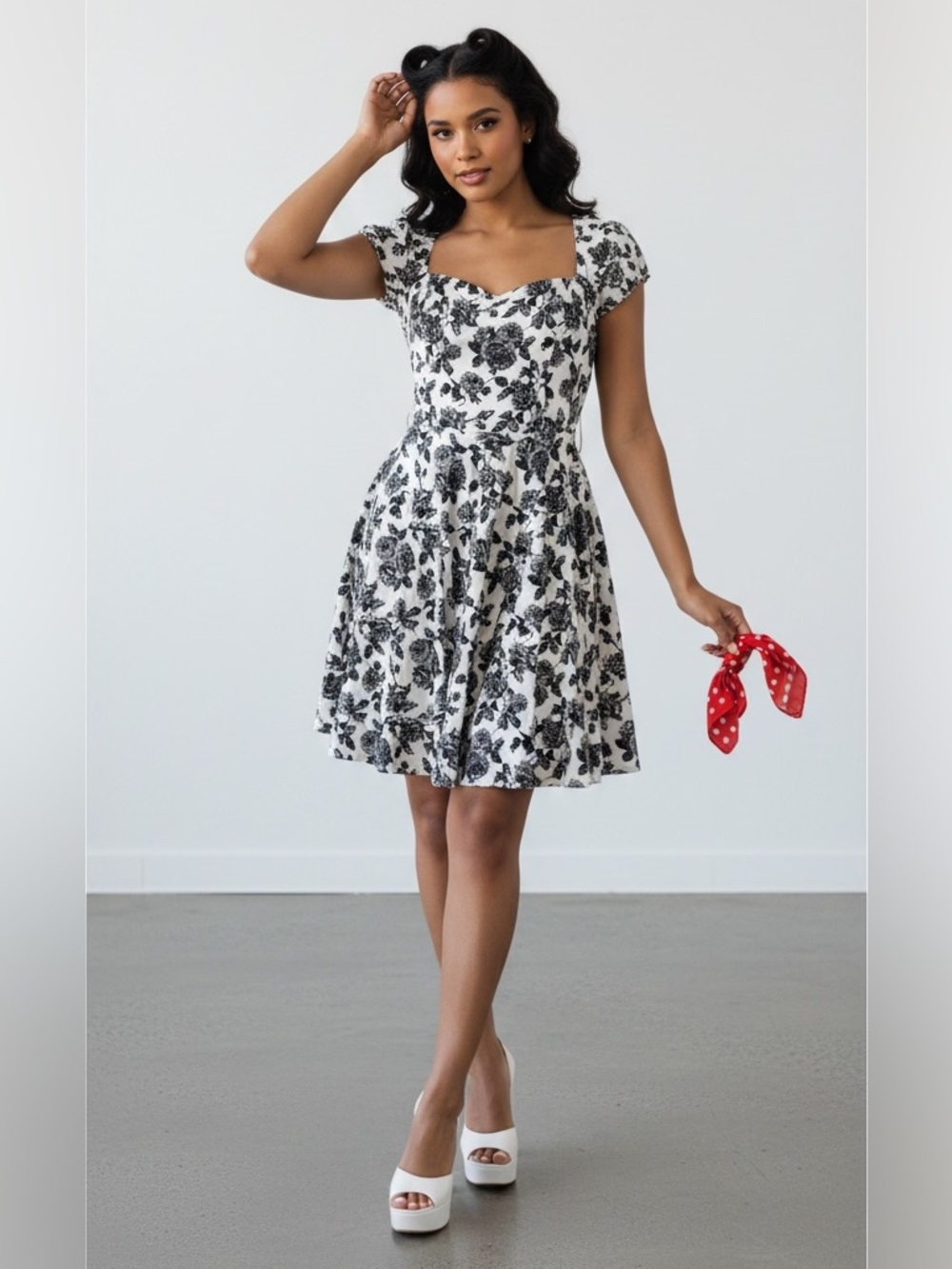 Hell Bunny Vixen Floral Fit & Flare Dress, Black/White, Size 2, NWT - Picture 2 of 9